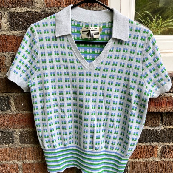 Tory Sport Sweaters - Tory Sport Green and Blue Patterned Knit Top